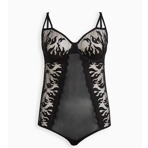 TORRID NWT UNLINED UNDERWIRE BODYSUIT - EMBROIDERED FLAMES BLACK